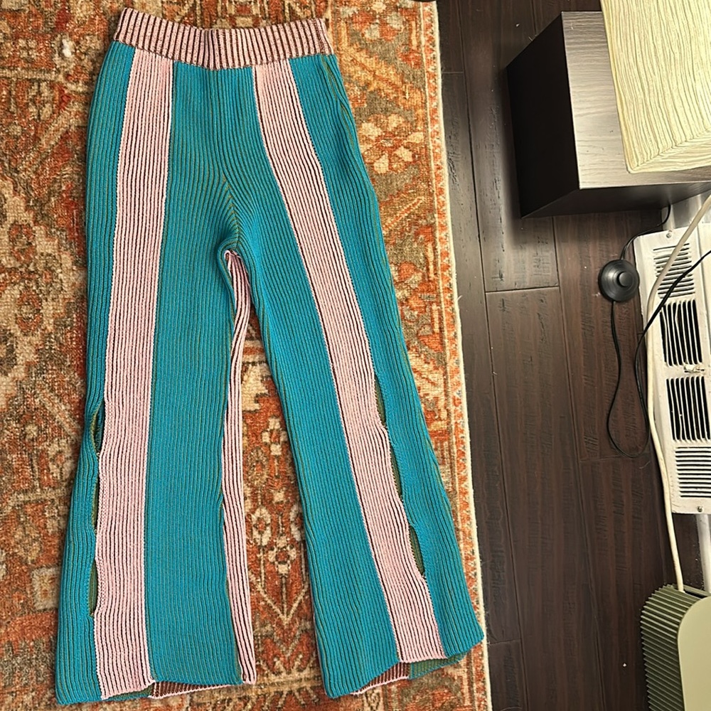 ANDERSSON BELL FLARE WIDE LEG KNIT PANTS - blue and pink - size small